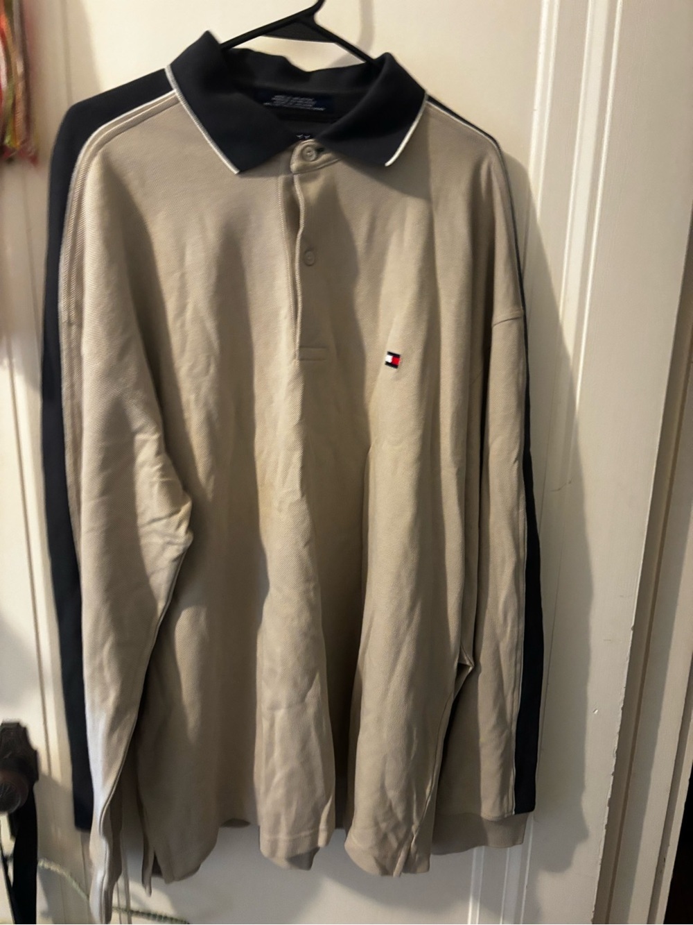 90s vintage Tommy Hilfiger Beige and Black Long Sleeve Polo Shirt